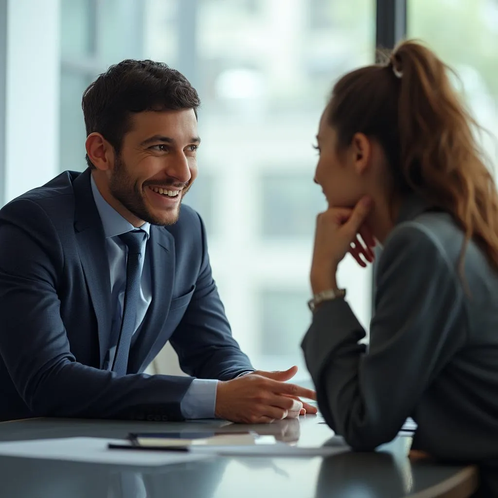 Dos personas teniendo una conversación abierta y honesta en una reunión