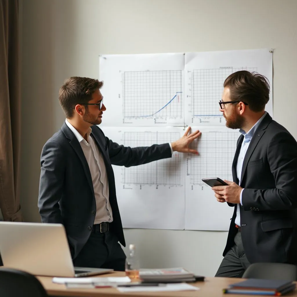 Consultor y cliente discutiendo metas realistas con gráficos